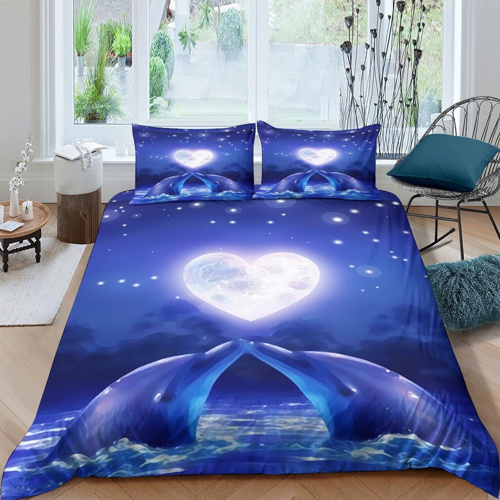 Ctjqhvkz Style-5 3D Printed Dolphin Heart Fitted Sheet Microfiber Deep Blue Mattress Cover For Bedroom Guest Room Decor Easy Care Single（135X200cm）