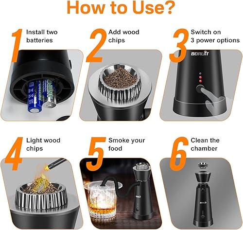 Miniatura 4 de BORUIT Kit de ahumador de cócteles, pistola de ahumar alimentos con tapa de taza y chips de madera de 4 sabores, infusor portátil de mano para