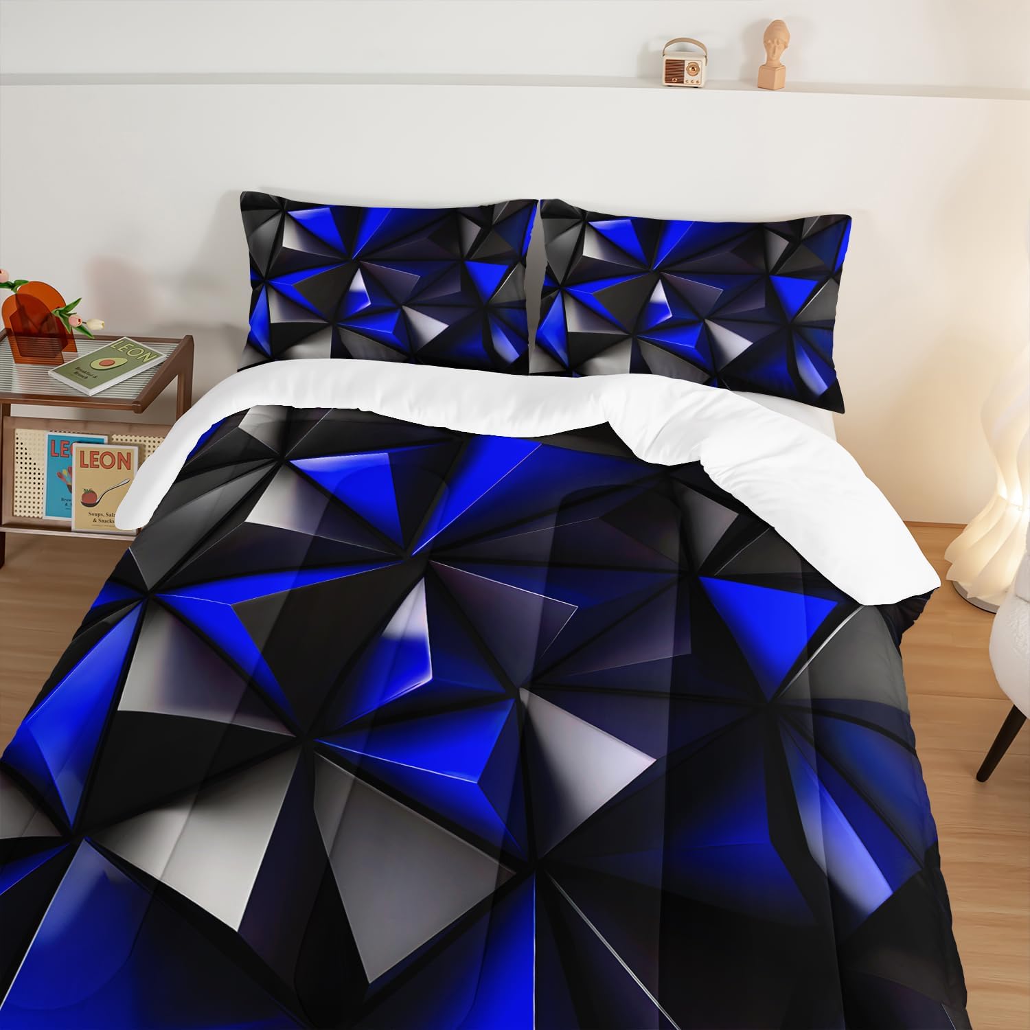 Blue and Black Bedding Set Full Size,Geometric Pattern Comforter Set for Kids Boys Girls Geometry Room Decor,Art Aesthetic Bedding with 2 Pillowcases. - Image 3