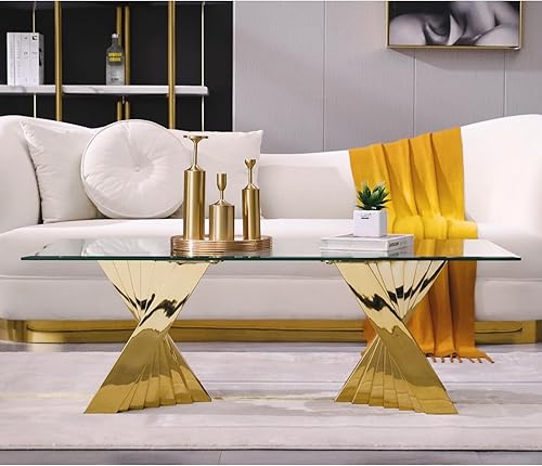 Miniatura 6 de Mesa de centro de cristal dorado de 50 pulgadas, mesa central rectangular moderna de vidrio templado con base geométrica de acero inoxidable pulido