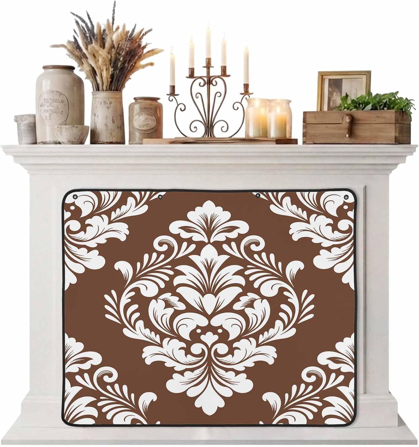 Magnetic Fireplace Cover Brown Luxurious Floral Fireplace Screen Decorative Classic Abstract Art Insulation Fireplace Blocker Save Energy Fireplace Draft Stopper Covers for Living Room 36x30 Inch