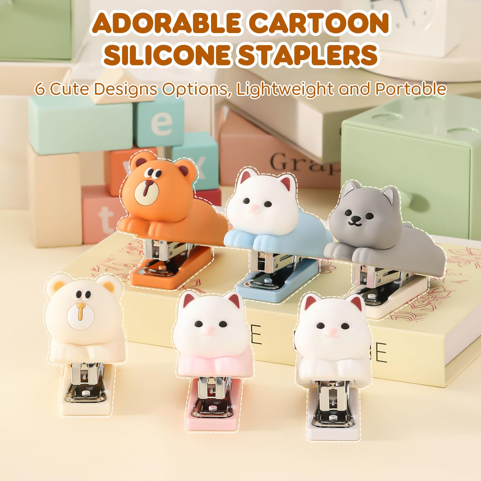 Honagu Mini Cute Animal Stapler with Staples, Cartoon Stereoscopic Silicone (PVC) Stapler, Labor-Saving Office Supplies for Teachers, Students,Girls,Gift Stocking Stuffers for Kids( Puppy): White