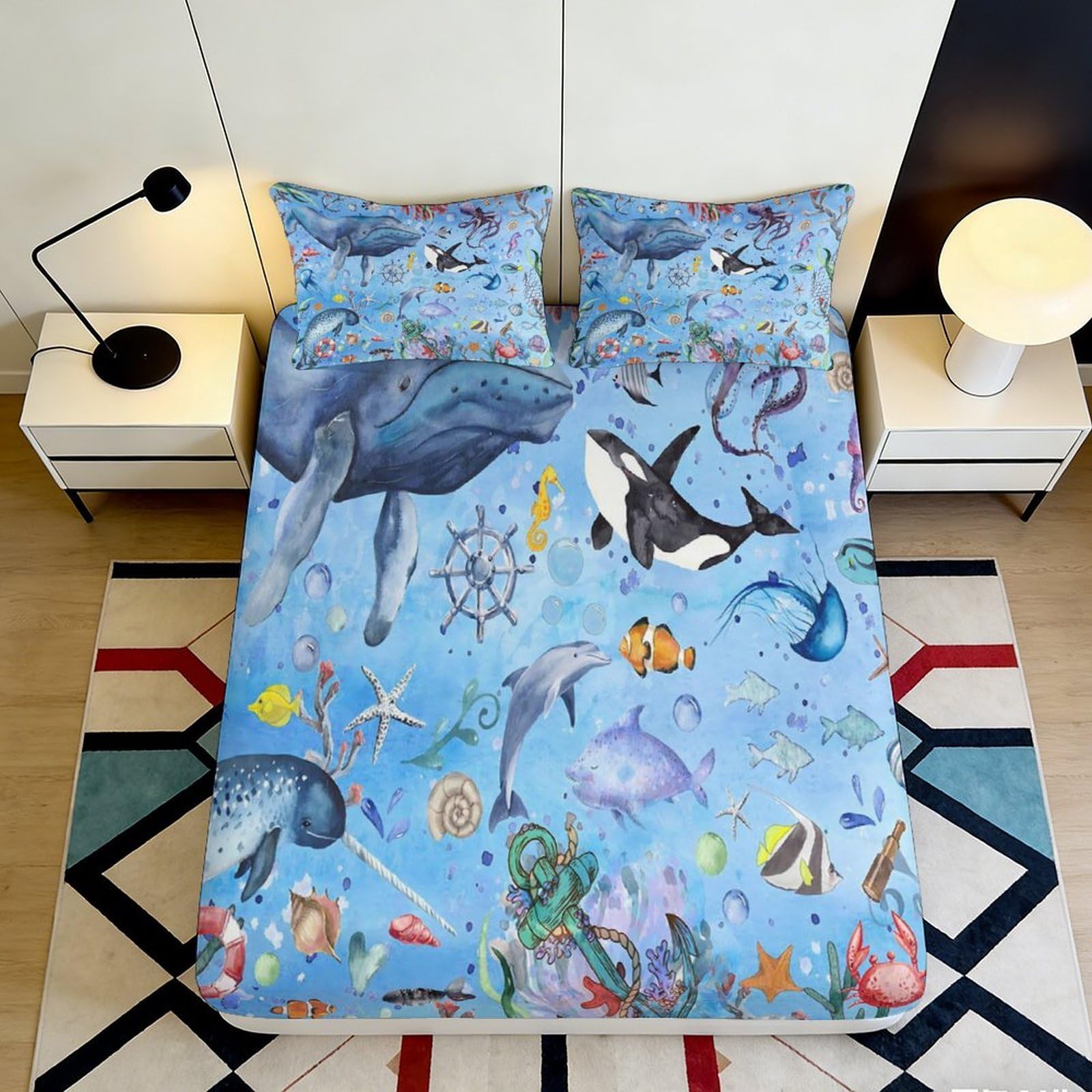 Jqzkxnhpbr Style-4 3D Printed Ocean Whale Fitted Sheet Microfiber Soft Breathable Shark Fish Mattress Cover Bedroom Decor 90X200x25cm