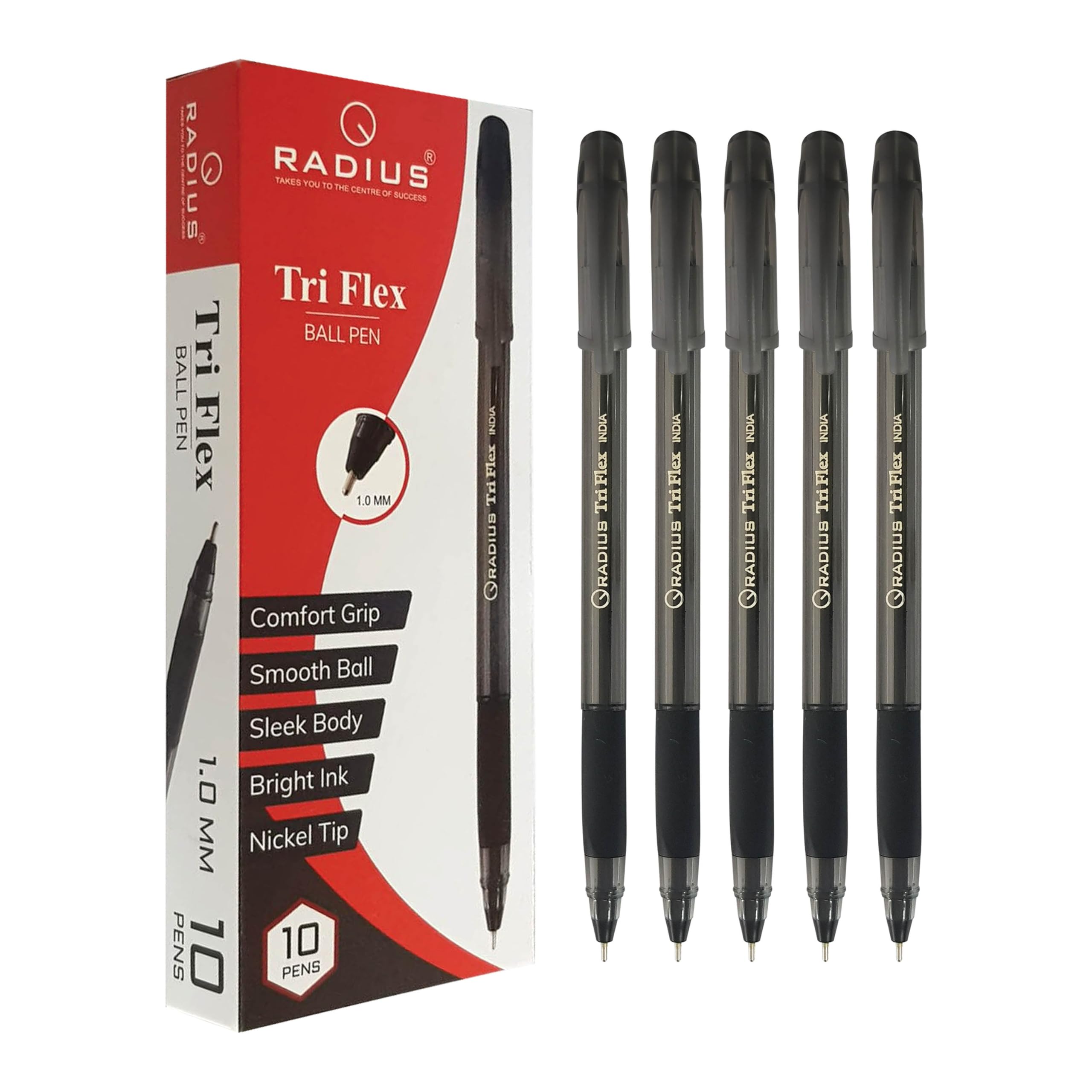 Tri Flex Ballpoint Pens, BLACK, 1.0mm Medium Point, Pack of 10, Triangular Comfort Grip, Smooth Ball Pens, Ideal for School Office Home Everyday Use