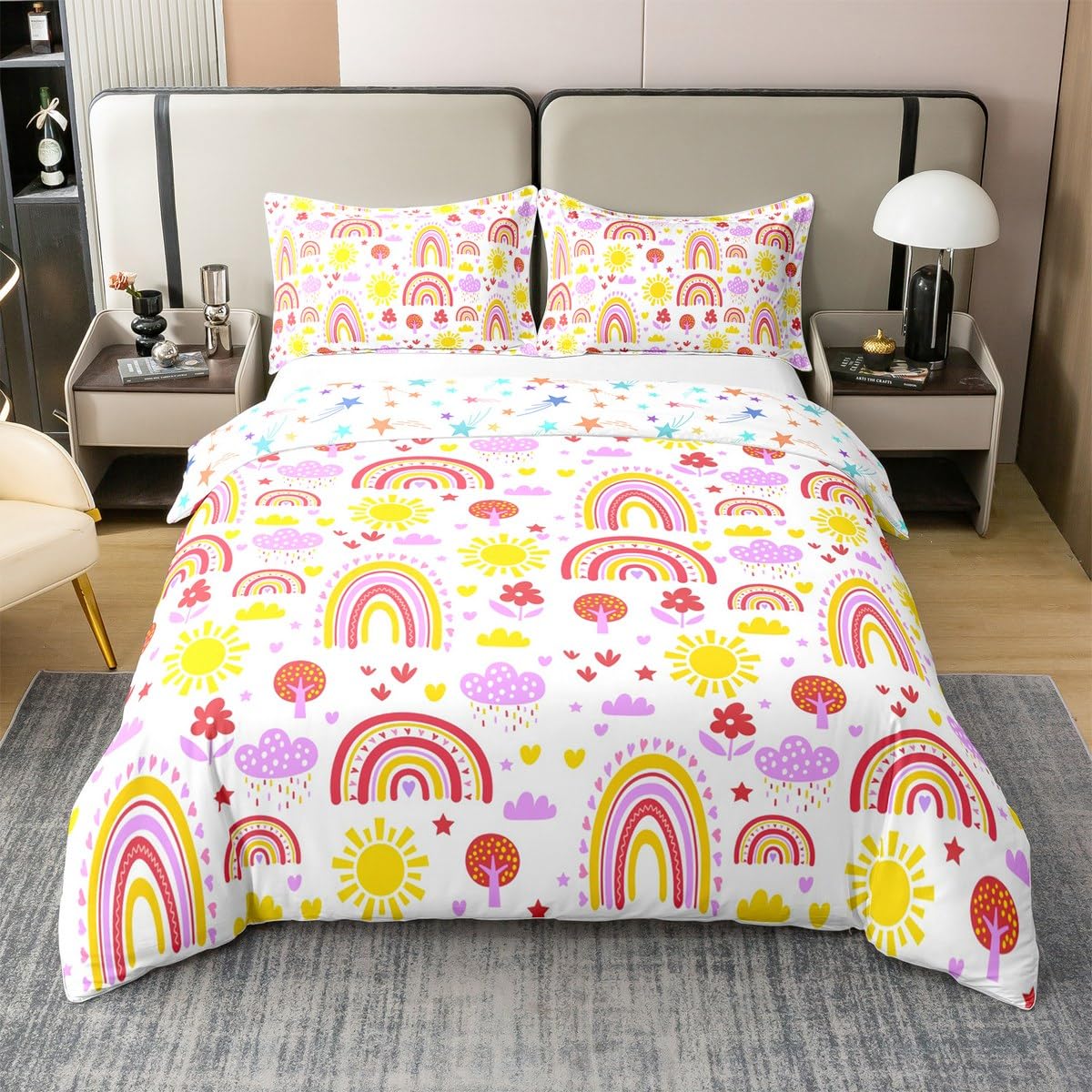 Manfei Juego de funda de edredón infantil 100 % algodón, diseño de nubes, flores, sol, árbol, 3 piezas, diseño de dibujos animados, decoración de habitación de niña, 2 fundas de almohada, sin edredón