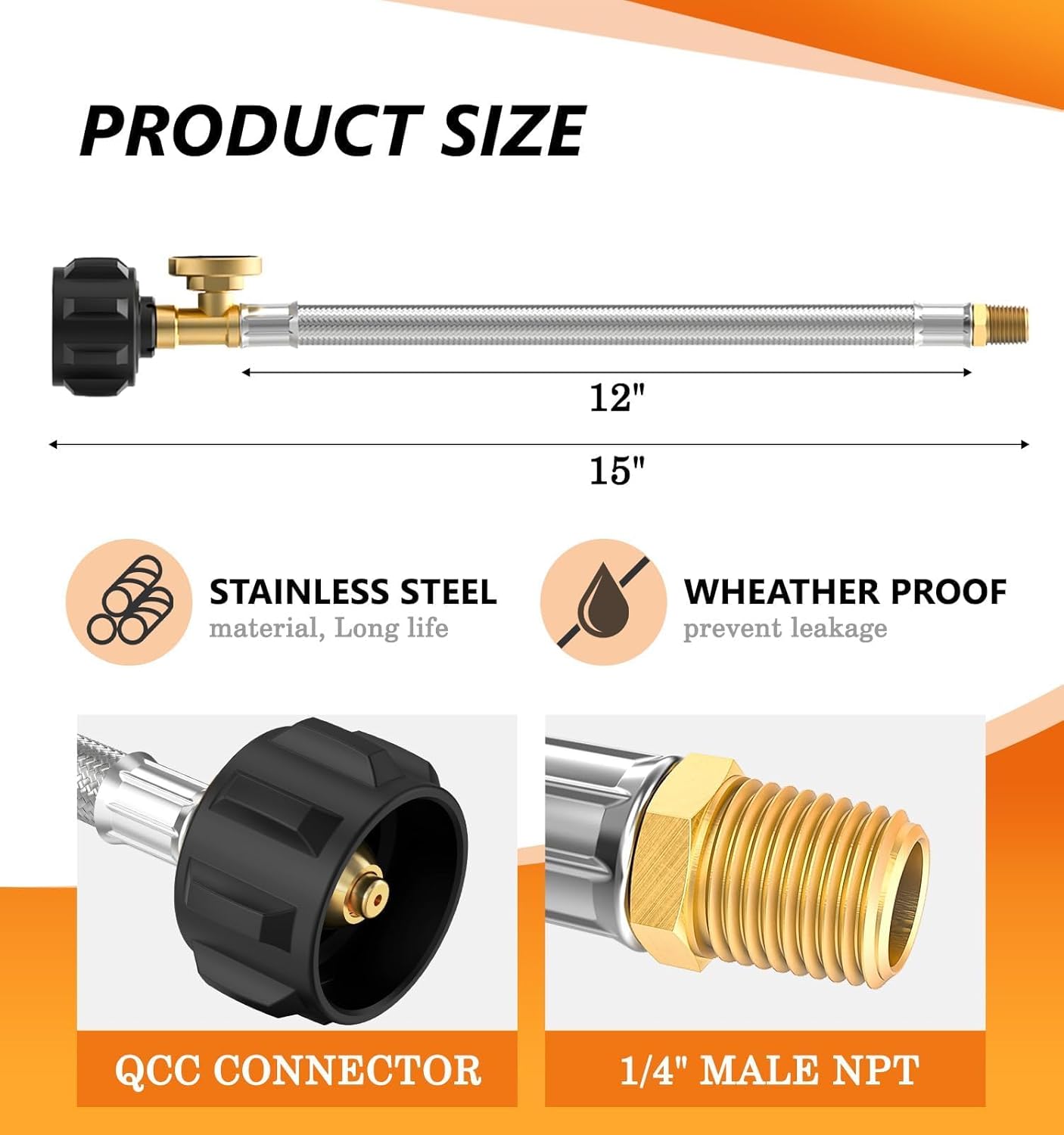 NUPICK 15 in RV Propane Hoses with Gauge，Propane Pigtail Hose with 1/4" Male NPT & QCC 1 Inlet, Stainless Steel Braided Camper Tank Hose for Camper Standard Dual Stage Regulator