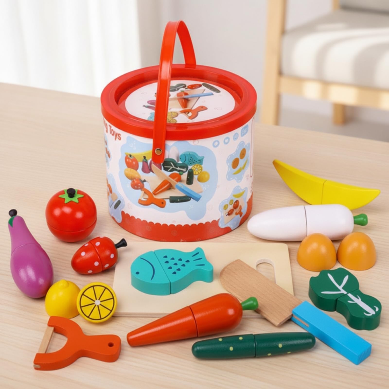 Set di Alimenti Vegetali Giocattolo con Secchio Realistico Kit di Giocattolo con Tagliere e Strumento Tossico