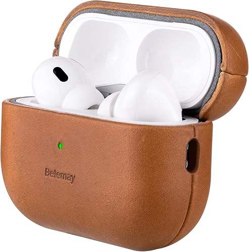 Belemay Funda para AirPods Pro (2 generación), piel de caballo loco de alta calidad, Rich Patina, agarre seguro, compatible con MagSafe y carga