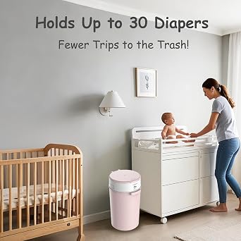 Bellababy Diaper Pail, Upgrade Baby Diaper Bin with Double Odor Locking, Includes 4 Refills (270 inches/pcs), Compact Design for Nursery, Pink
