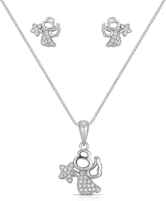 Sterling Silver 925 Angel CZ Set Stunning Angel With CZ Star Pendant Necklace & Stud Earrings Set Adorable Silver Jewelry for Women & Girls Minimalist Jewelry for Ladies