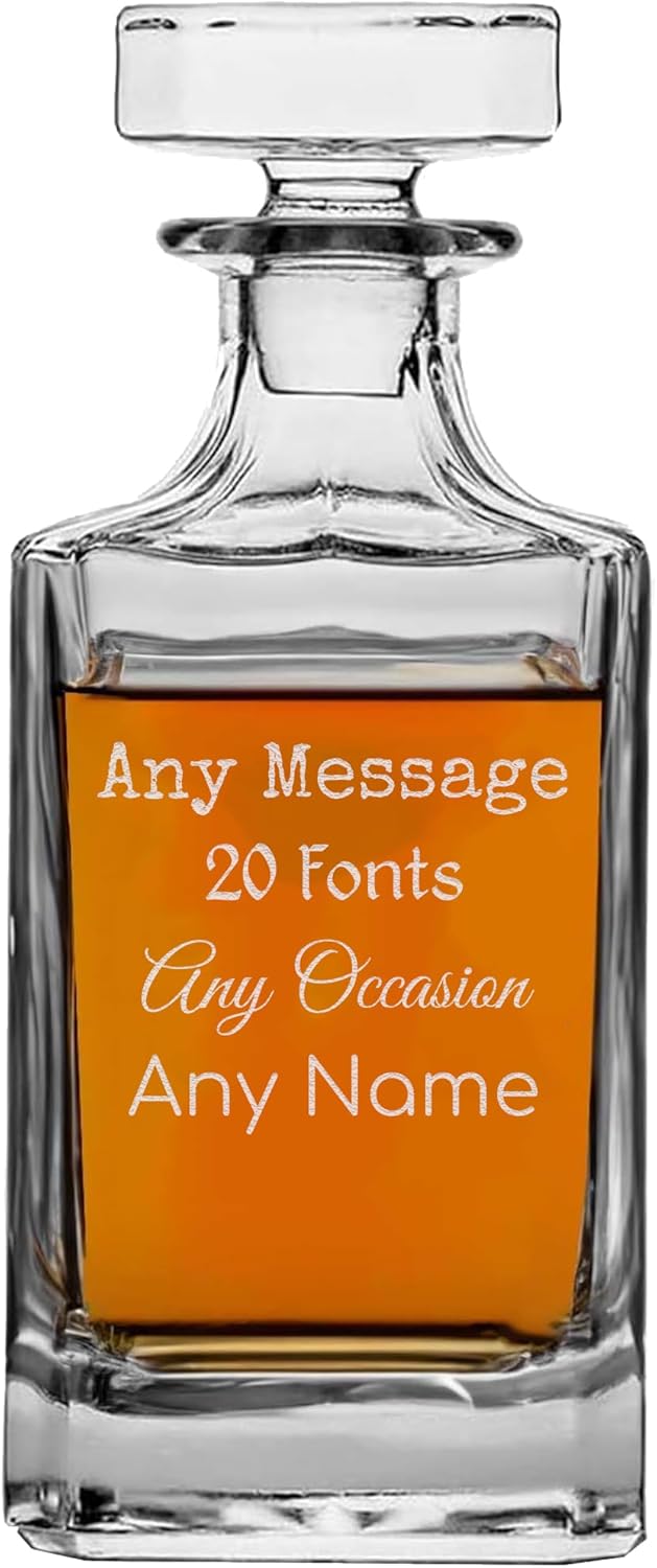 Personalized Etched Glass 25oz Whiskey Decanter, Square Your Text Here, Custom Engraved Gift, Retirement, Anniversary, Housewarming, Customized Bourbon Gifts for Men, Scotch Birthday, Him, Dad, Father
