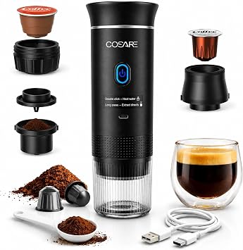 COSARE Portable Espresso Machine for Travel, Travel Coffee Maker Self Heating with USB-C, 20 Bar Coffee Machine 3in1 Compatible with Ground Coffee, Nespresso Capsule & DG Pods for Camping - Black