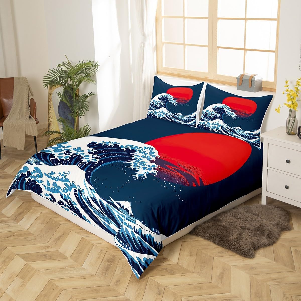 Feelyou Ocean Wave Duvet Cover Set Sea Surfing Red Sun Bedding Set for Kids Boys Girls Japanese Ukiyoe Comforter Cover Exotic Navy Blue Decor Quilt Cover with 2 Pillowcases 3Pcs Bedding Full