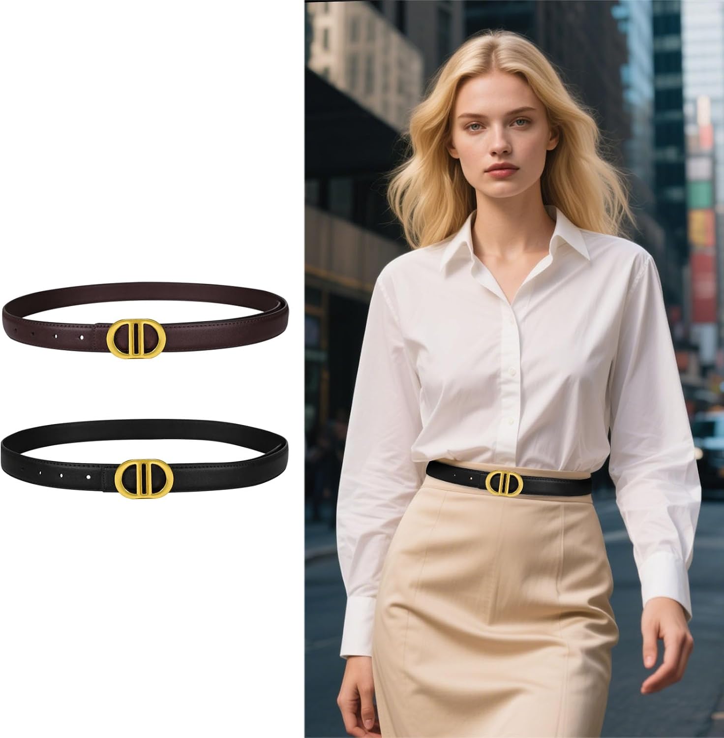  Women's Belts with Gold Buckle, Fashion Waist Band, Elegant Ladies' Belt, Gift for Women thumbnail