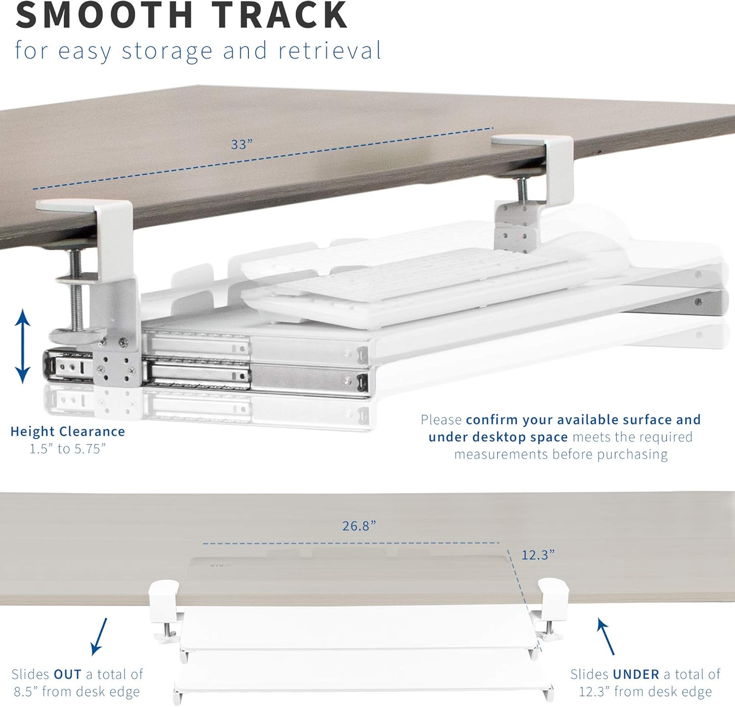 VIVO Large Under Desk Height Adjustable Ergonomic Keyboard Tray, C-clamp Mount System, 27 (33 Including Clamps) x 11 inch Slide-Out Platform Computer Drawer for Typing, Mouse Work, White, MOUNT-KB05HW : Office Products
