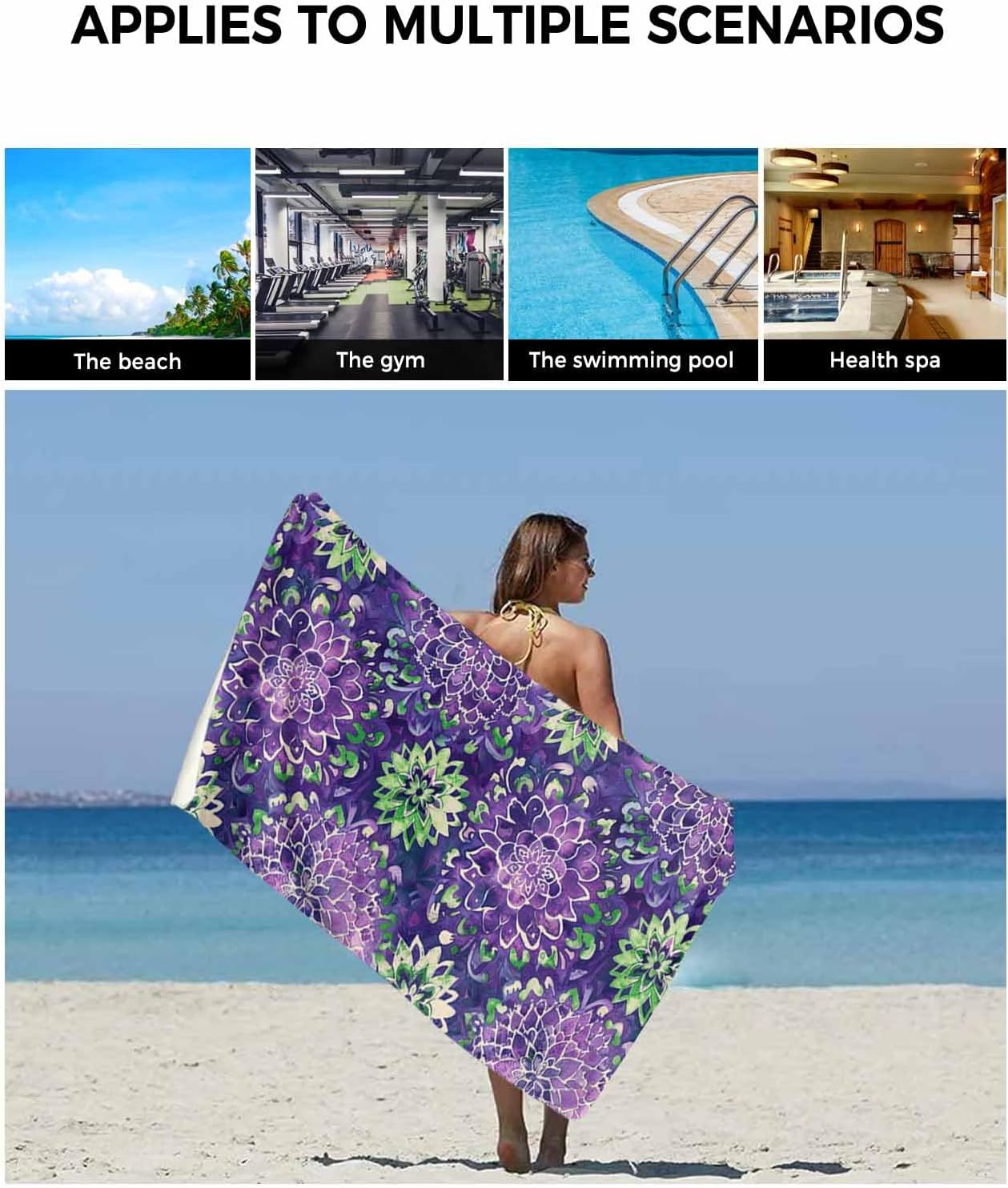 3 Piece Towels Set Purple Green Watercolor Flowers Bohemian Bath Towels Set Luxury Bath Towels for Bathroom, Soft Absorbent Bathroom Towels Set (1 Bath Towel,1 Towel and 1 Washcloth)