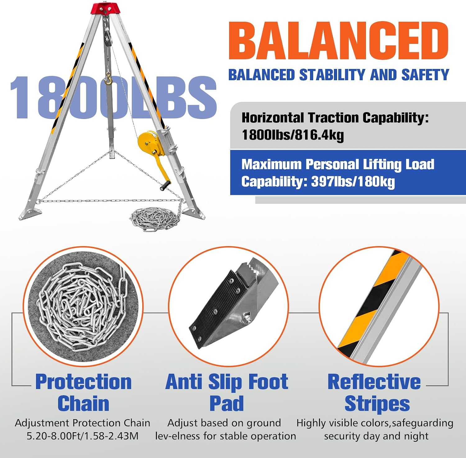Confined Space Tripod Kit, 1800 lbs Winch with 98' Cable, Confined Space Rescue Tripod with 4.4' to 7' Adjustable Legs, Portable Tripod Kit with 32.8' Protection, Rescue Tripod Lifting Hoist