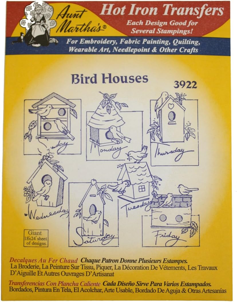 Aunt Martha's Iron On Transfer Patterns for Stitching, Embroidery or Fabric Painting, Days of the Week Patterns, Set of 5