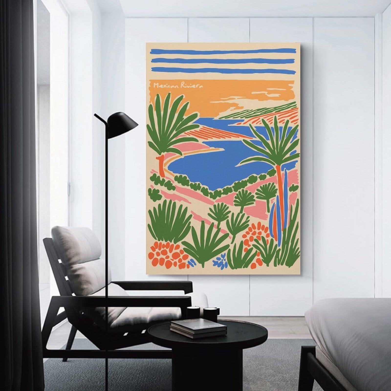 Junmoney Mexican Riviera Coastal Landscape Illustration Canvas Wall Art, 12x18inch(30x45cm), for Bedroom, Guest Room Or Reading Nook, Decorative Wall Art for Cosy Rooms