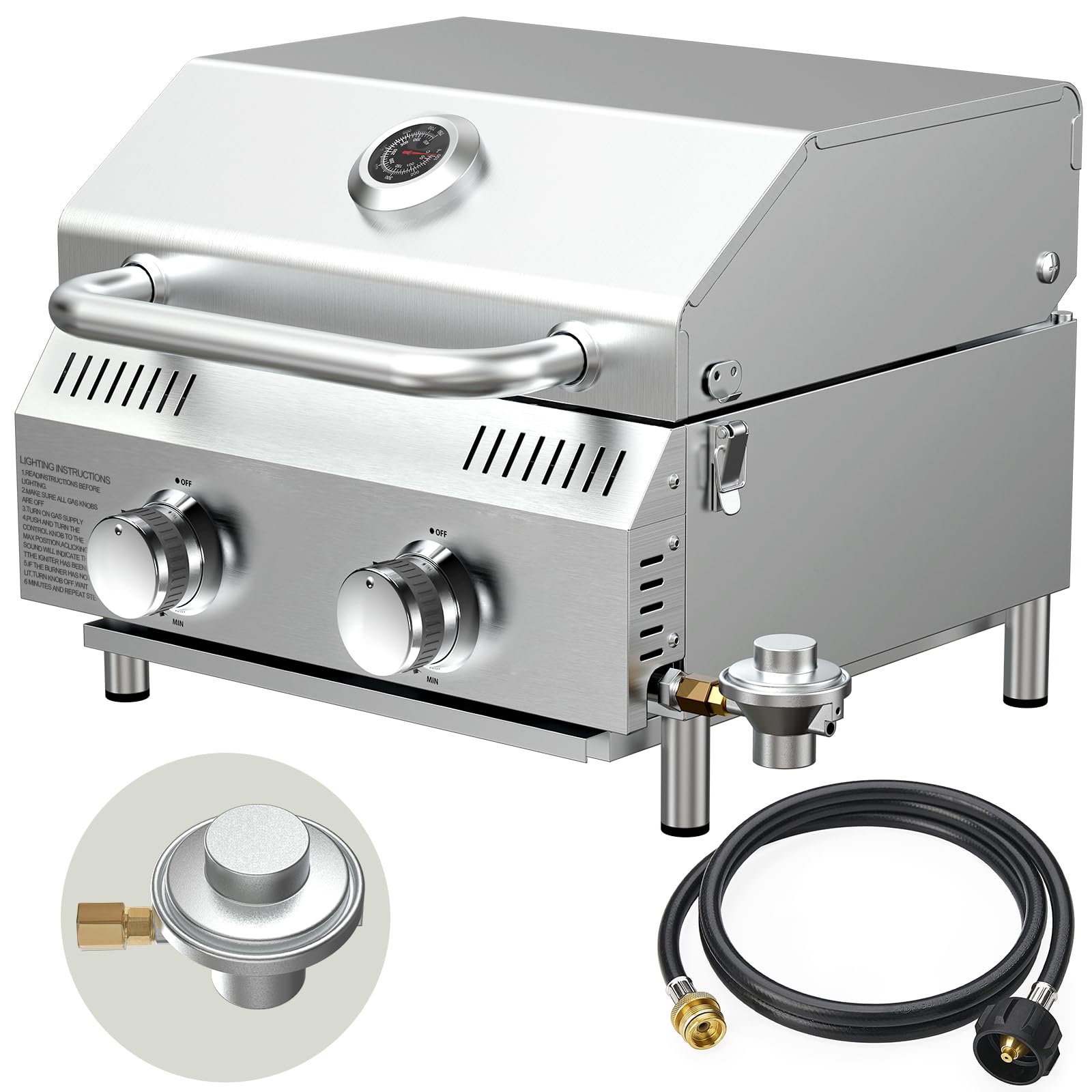 Bestfire 2-Burner Tabletop Propane Gas Grill, Dual Connections, 20,000 BTU Stainless Steel Portable Grill, Fits Large Gas Cylinders/Small Canisters, for Camping, RV, Outdoor BBQ