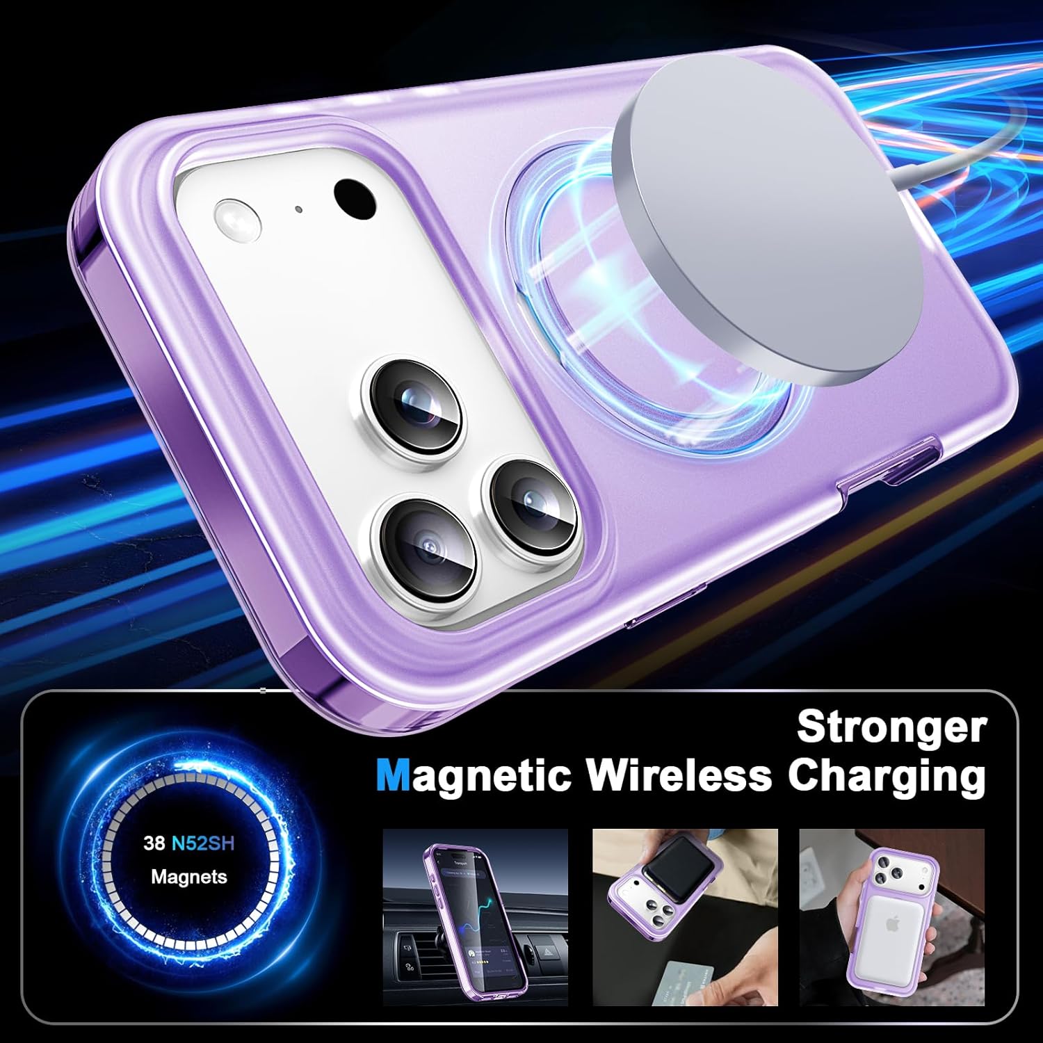 for iPhone 17 Pro Full Body Shockproof Case with Magnetic Invisible Stand [Compatible with MagSafe] Built-in Screen Protector Military Drop ProtectionTranslucent iPhone Cover -Purple - Image 3