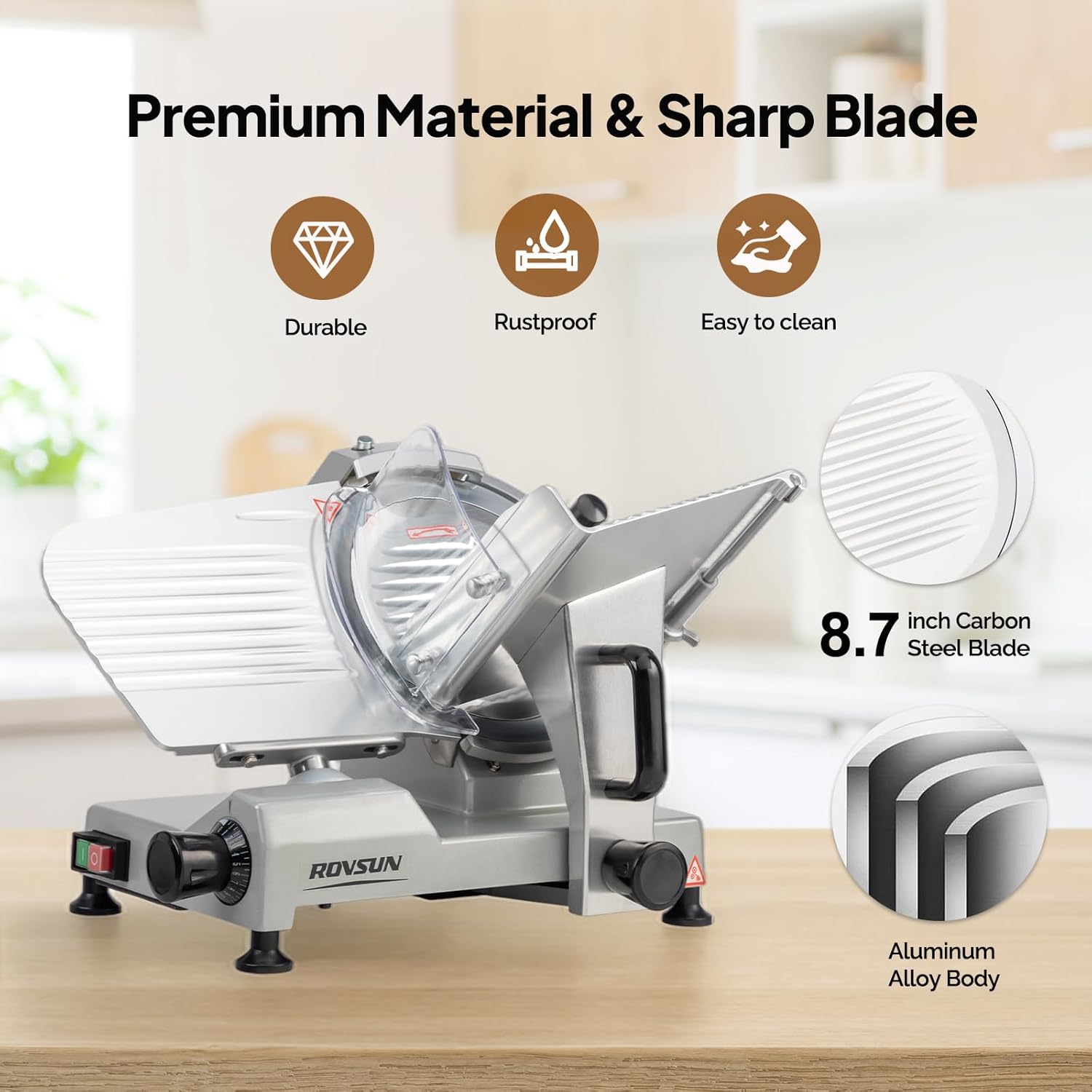 ROVUN 8.7 inch Commercial Meat Slicer, Electric Food Slicer ETL Certified, 300W Frozen Meat Deli Slicer, 0-12mm Adjustable Thickness, Chromium-Plated Steel Blade for Home and Commercial