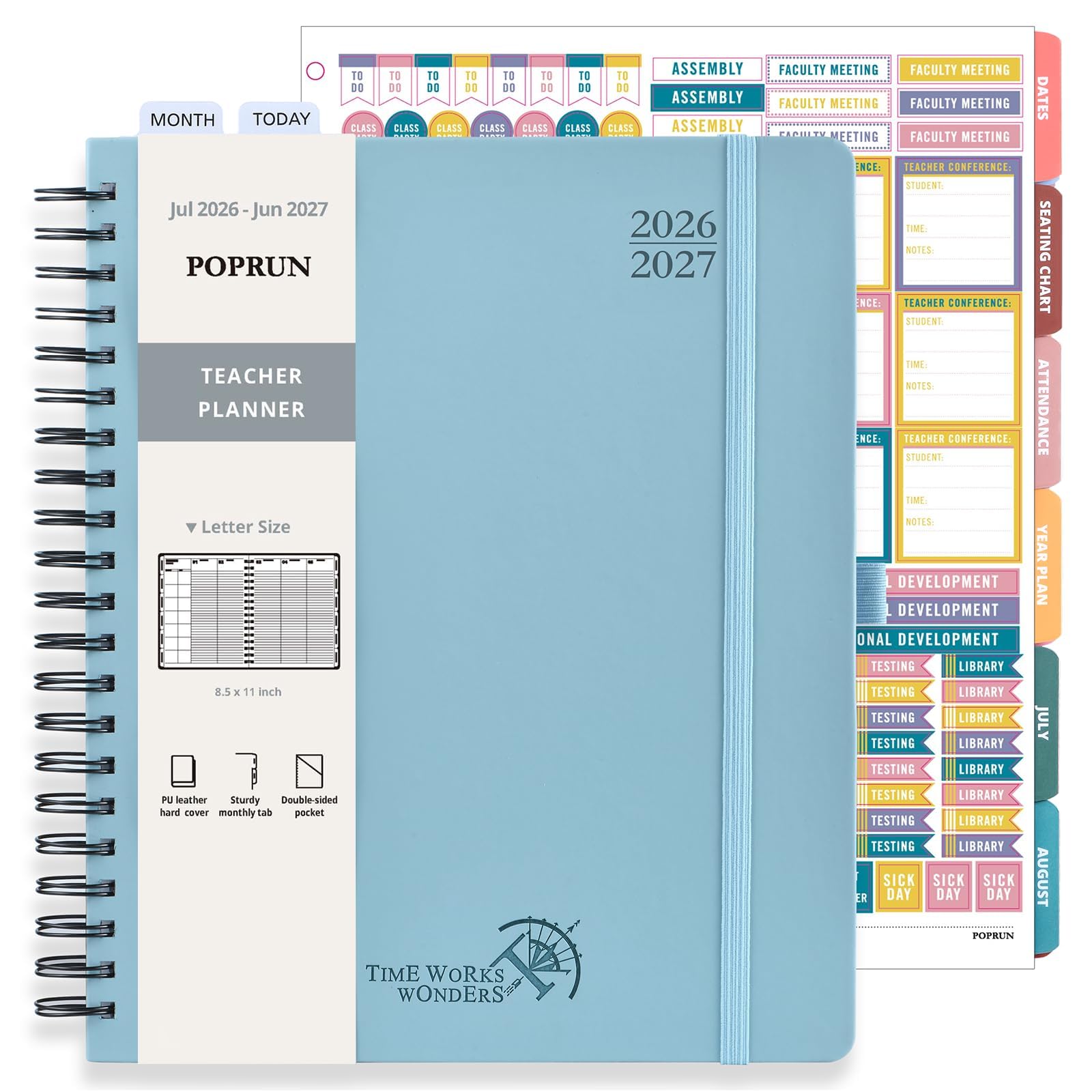 POPRUN Lehrer-Unterrichtsplaner 2026–2027, (Lettergröße – 21,6 x 27,9 cm), akademischer Planer Juli 2026 – Juni 2027 mit Notenbuch und farbigen monatlichen Registern, dickes Papier, 2-seitige Tasche