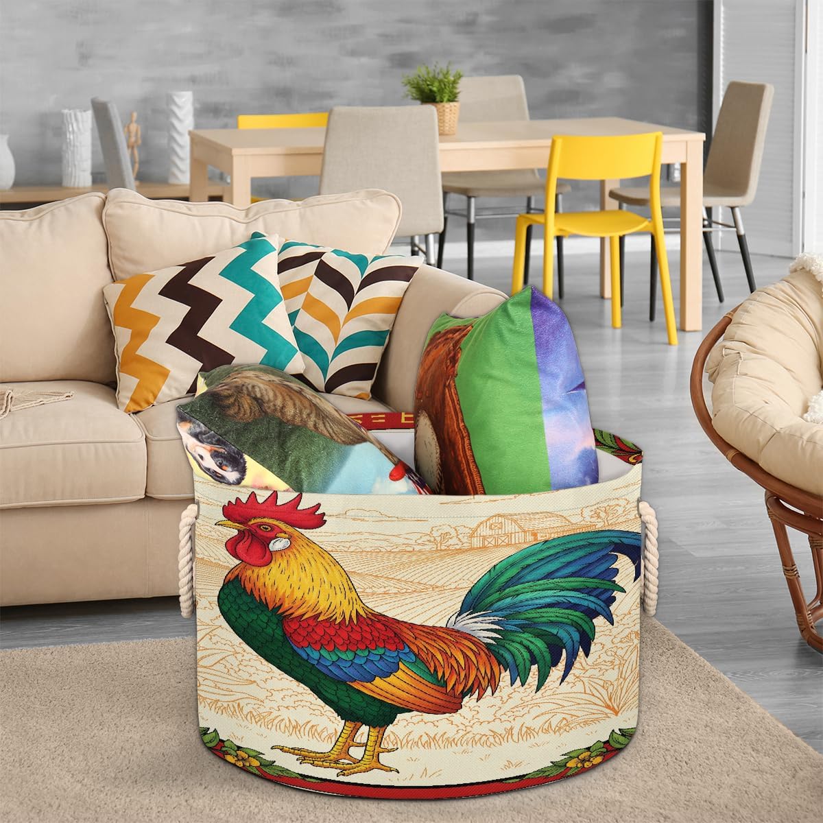 Large Storage Baskets - Rooster Farm Nursery Round Collapsible Organizer Bin Box, Laundry Hamper for Kids Toys, Blanket, Bedroom Living Room Home Decor, Gift Basket, 19.4"x13.3"