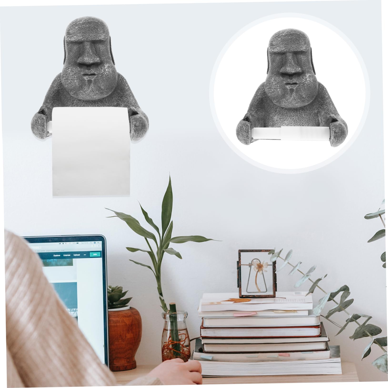 Porte-Rouleau Design Statue Moai Créatif Essuie-Tout en Résine Structure Stable et Résistante, pour Salle de Bain ou Toilettes