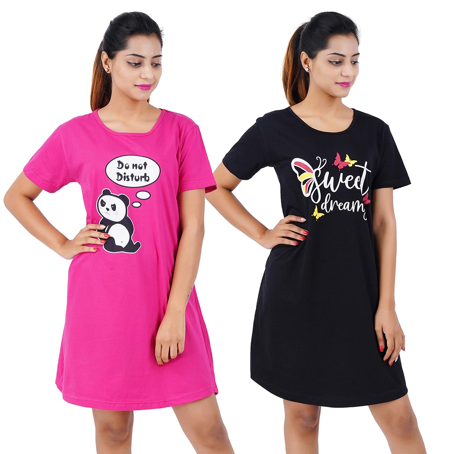 Buy That Trendz Printed Cotton Short Night Dress for Women 2 Pcs Combo I am So Cute Rani Pink Love Black - Review, Price and Buying Guide