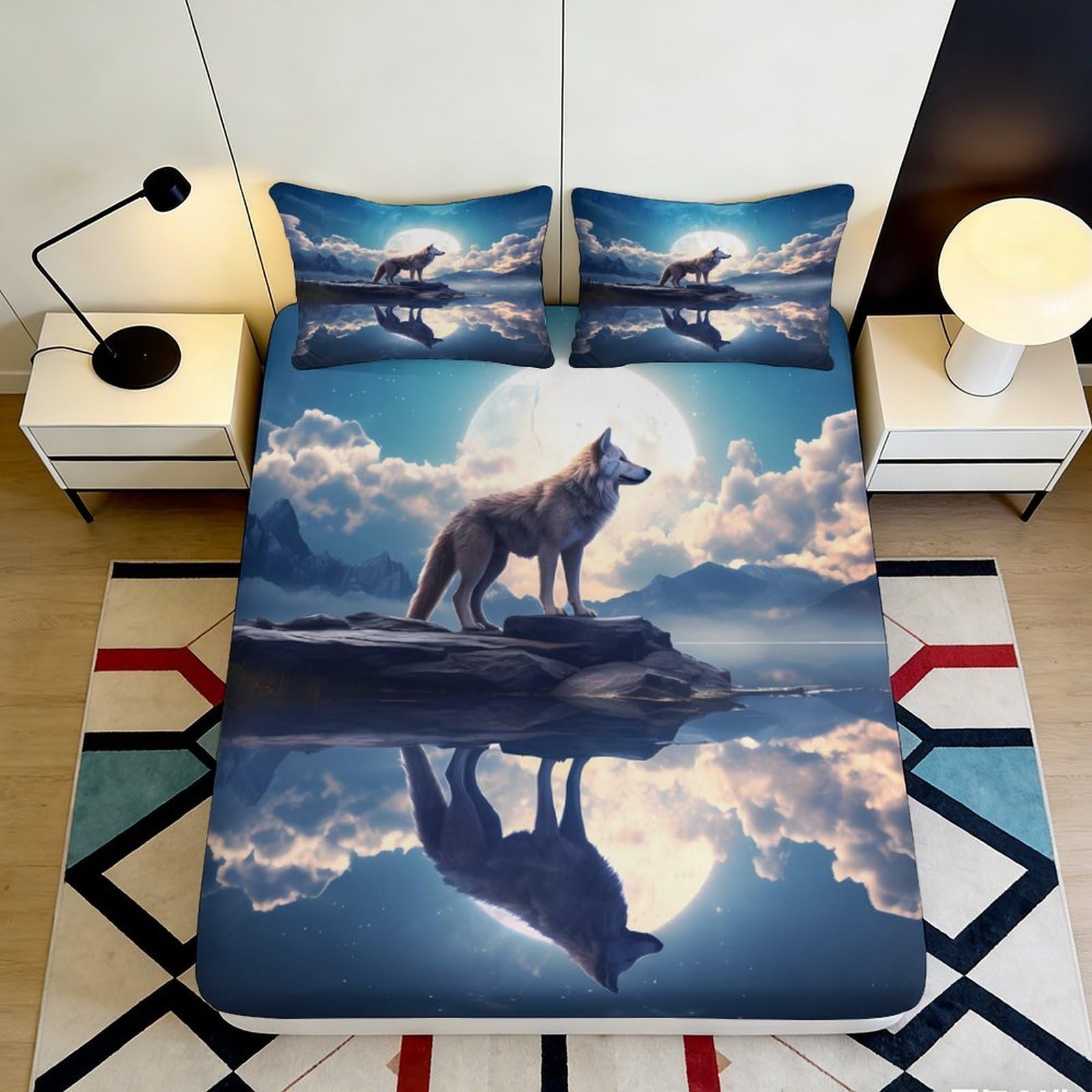 3D Printed Wolf Moon Fitted Sheet Microfiber Soft Non-Slip Nature Reflection Mattress Cover Bedroom Decor 118 Char 90x200x25cm