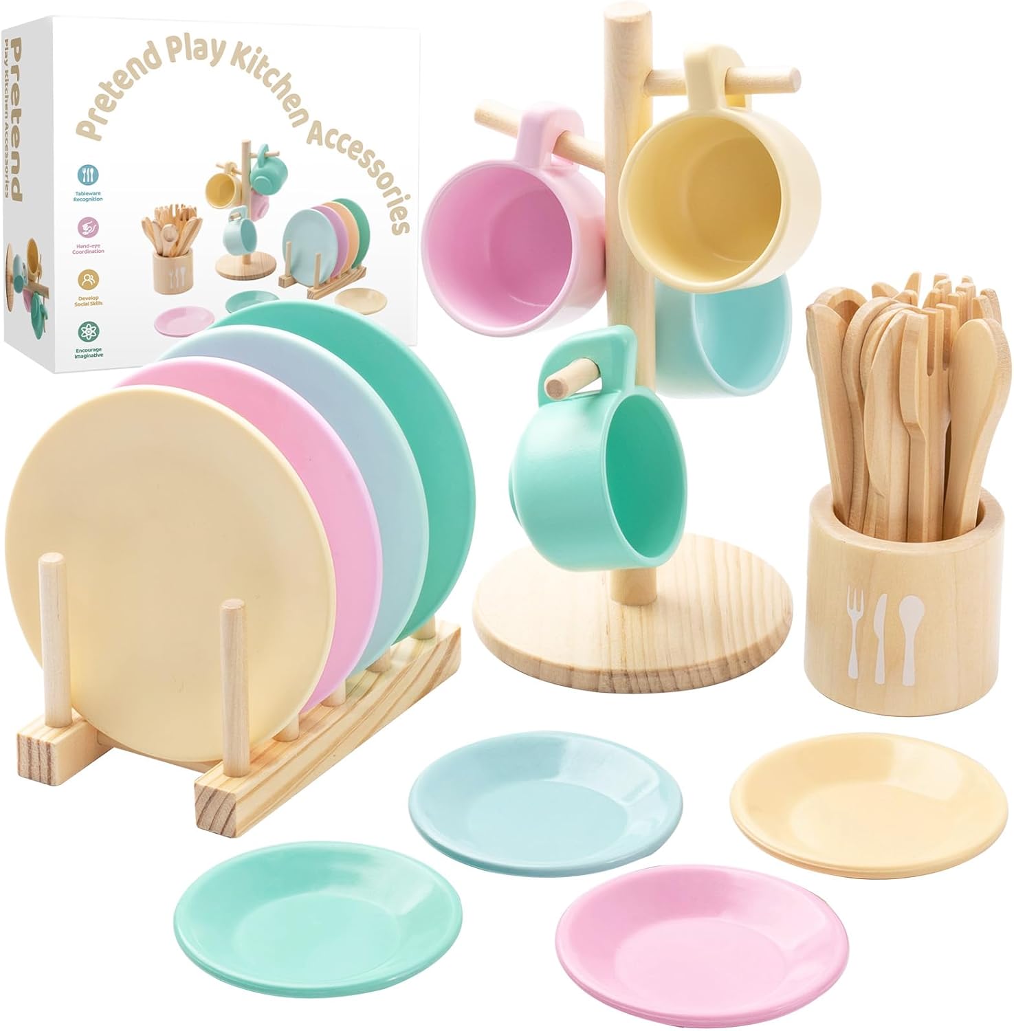 GAGAKU Kids Wooden Play Dishes Set -27Pcs Montessori Play Kitchen Accessories Plates and Bowls Set, Storage Stand & Play Food, Pretend Cooking Toys for Ages 3-5, Educational Gift for Toddler GAGAKU Kids Wooden Play Dishes Set -27Pcs Montessori Play Kitchen Accessories Plates and Bowls Set, Storage Stand & Play Food, Pretend Cooking Toys for Ages 3-5, Educational Gift for Toddler