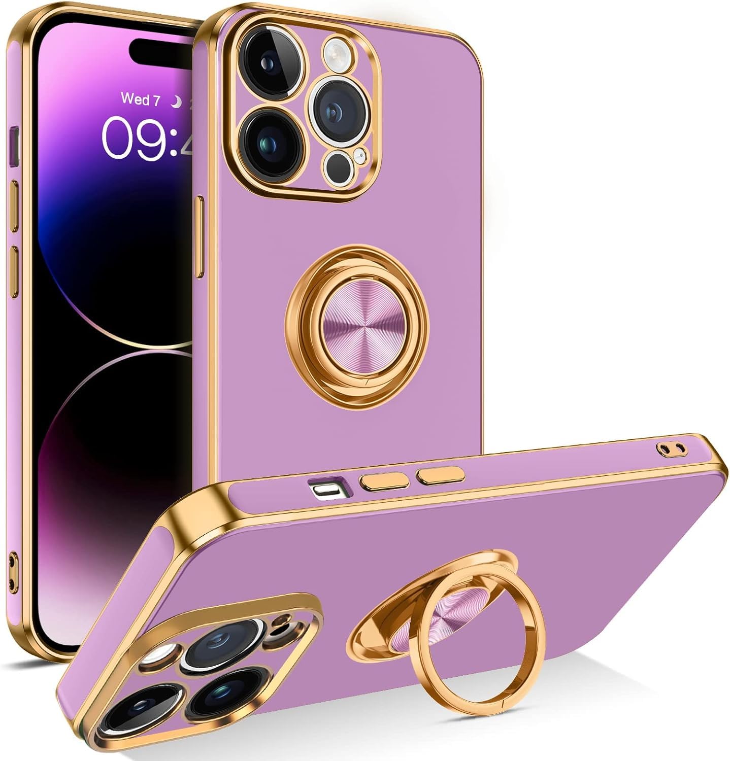 Zubitech iPhone 15 Pro Max Soft Silicon Shockproof Luxury Gold Lining Case Rotatable Magnetic Ring Holder Kickstand Cover Full Camera Protection for iPhone 15 Pro Max (iPhone 15 Pro Max, Light Purple)
