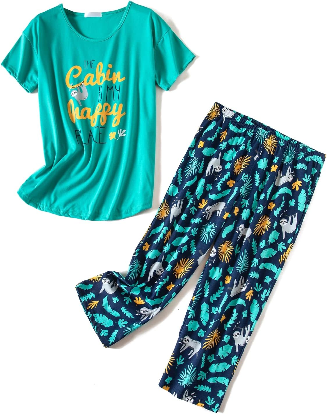 QUCH Women's Cotton Pajama Set - Short Sleeve Top & Capri Pants, Soft Comfy Sleepwear, Dark Blue Star