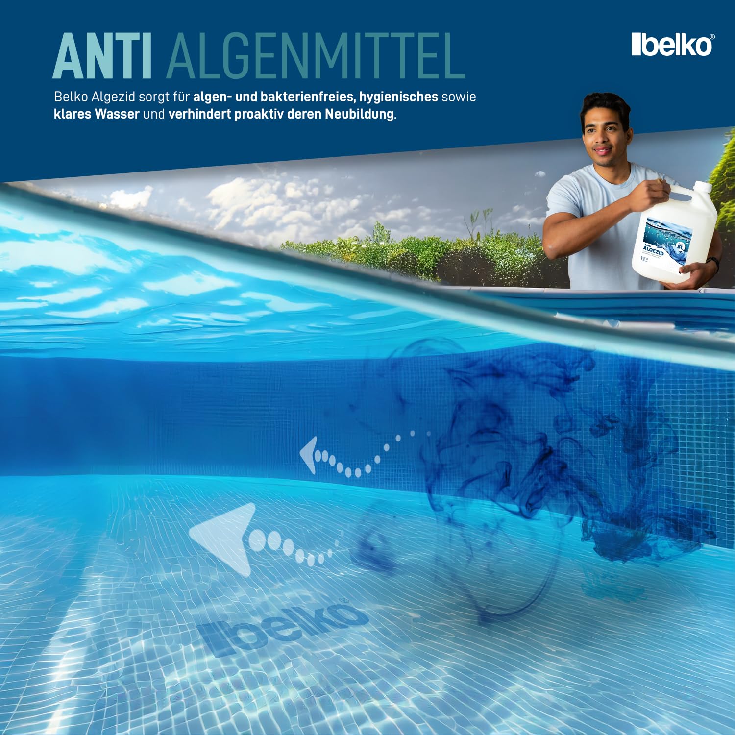 Belko® 20L Pool Algizid Algenverhütung flüssig - Präventives Anti Algenmittel für Schwimmbad & Pool und Whirlpool - gegen Algen, Algezid Poolklar Chlor Ergänzung