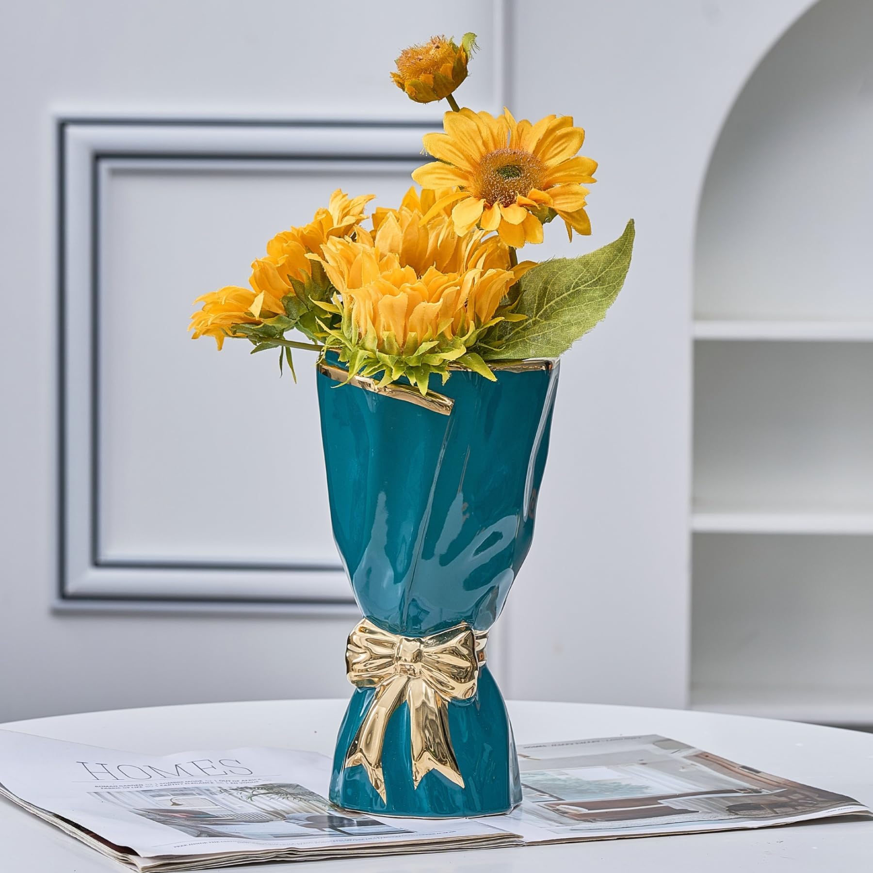 Bow Vase for Home Decor, Gold Vase for Boho Style, 9.65 Inch Large Vases for Ideal Table Decor, Living Room. Ceramic Flower Vases. (Glazed Exterior and Interior) (Green, Large)