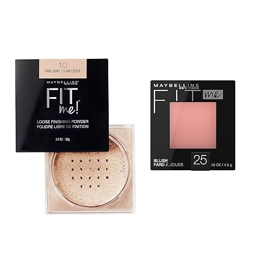 Maybelline Fit Me - Polvo de acabado suelto + paquete de maquillaje Fit Me Blush, incluye 1 polvo fijador en feria y 1 rubor en rosa