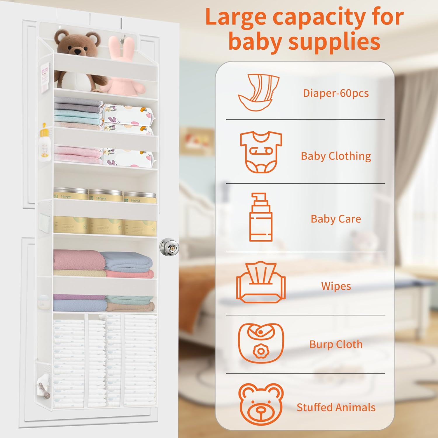 5-Tier Over The Door Organizer with 10 Mesh Pockets | Large Capacity Hanging Closet Storage for Baby Diapers, Toys, Nursery& Newborn Essentials (Beige) - Image 4