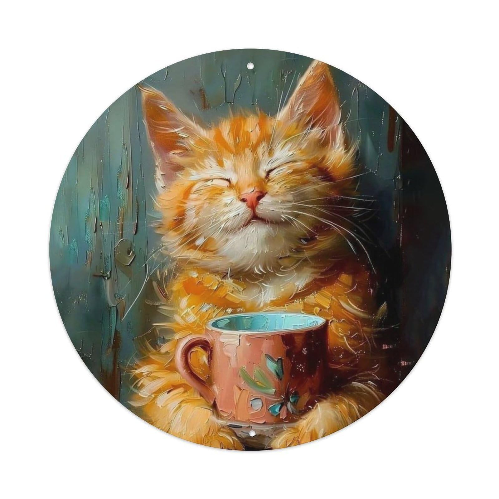 Animal Ginger Kitten Holding Pink Mug Vintage Metal Tin Sign Plaque Wall Decor for Cafe, Club Bar, Office, Garden Metal Poster 8x8Inch