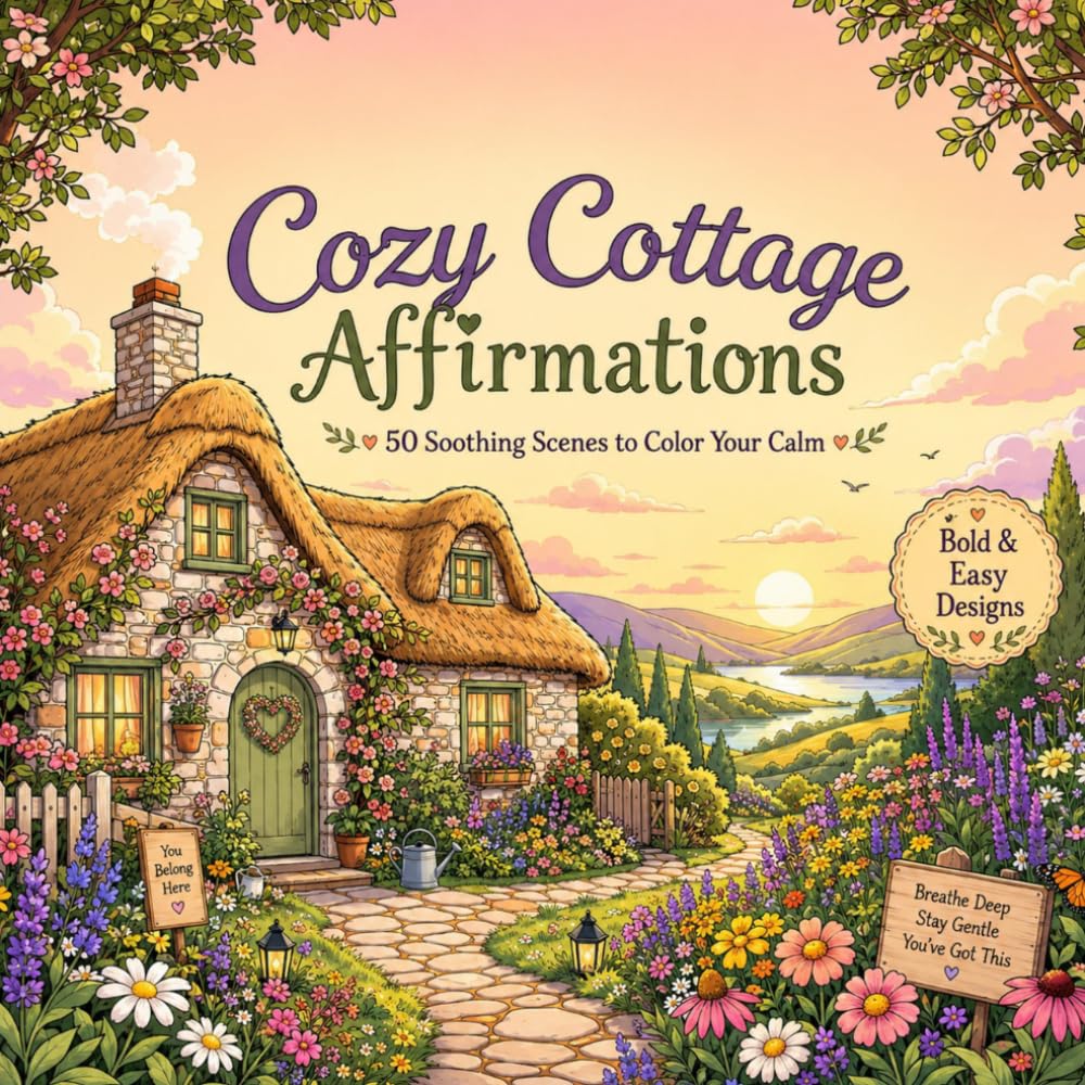 Cozy Cottage Affirmations: A Bold & Easy Cottagecore Coloring Book with 50 Calming Scenes & Gentle Affirmations for Relaxation and Stress Relief
