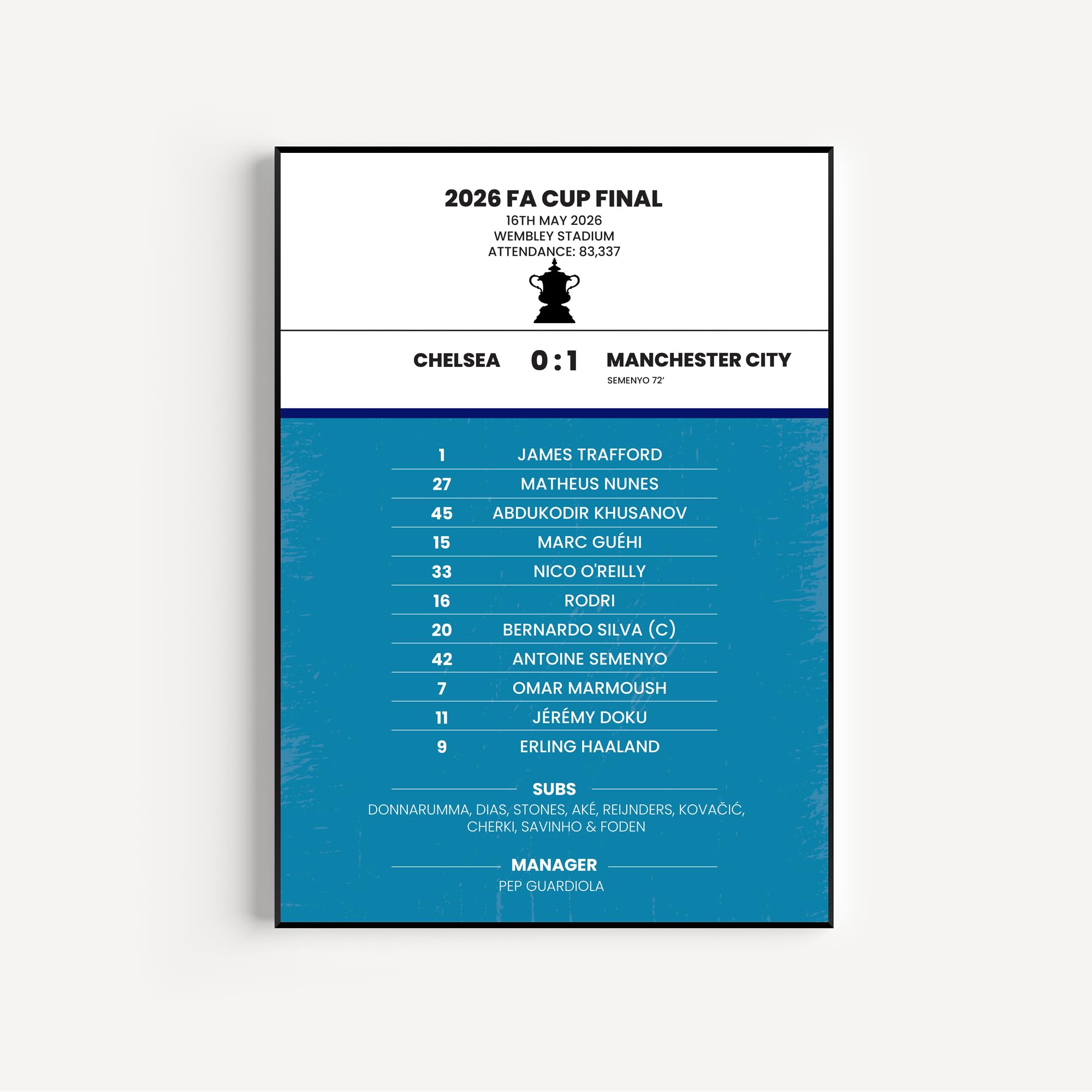 Manchester City 2026 FA Cup Final Winners Match Art Poster Print, Chelsea vs Man City, Wembley Stadium