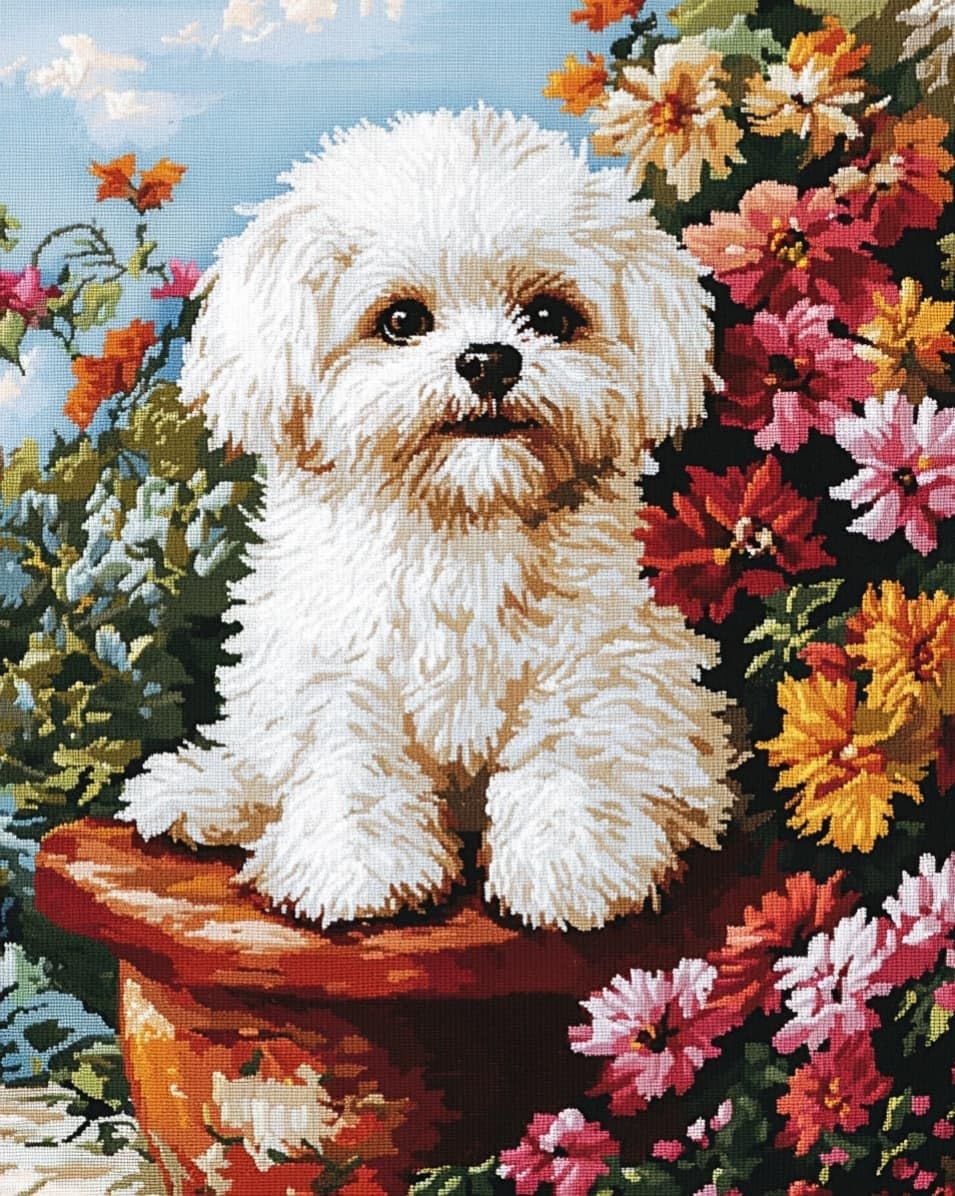 WallustrioaW Art Pre Printed Cross Stitch Kits for Adults Beginners,Flower and Bichon Frise,11CT Stamped Embroidery Kit Wall Art Home Decor,16x20in