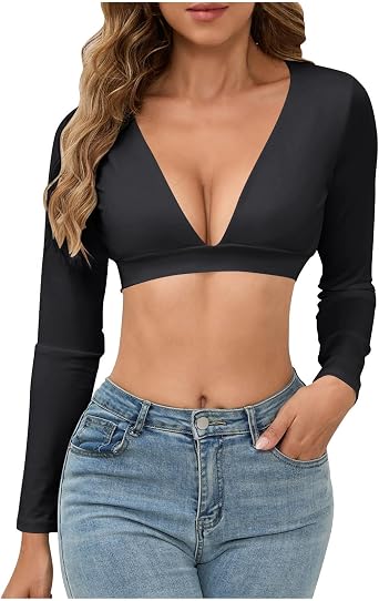 Womens Cropped Cleavage Shirts Sexy Long Sleeve Bra Tops Tight Deep V Neck Tees Going Out Outfits Spring Blouses