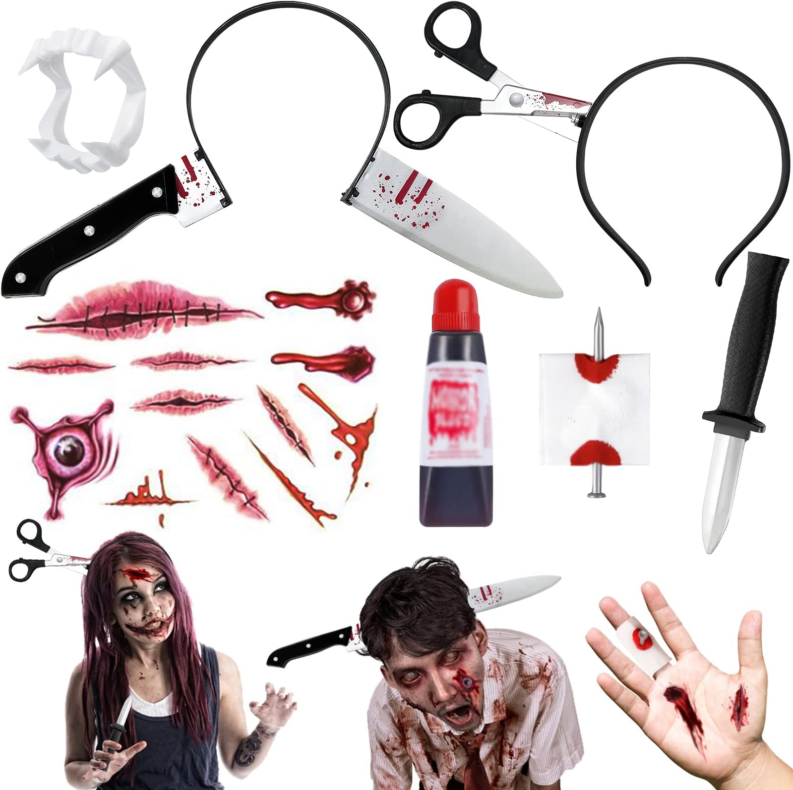 18Pcs Halloween Headband Set, Scary Costumes Props Knife Through Head Fake Vampire Teeth Bloody Nail Bleeding Wound Tattoo Stickers for Halloween Zombie Hair Accessories Photo Props Cosplay Party