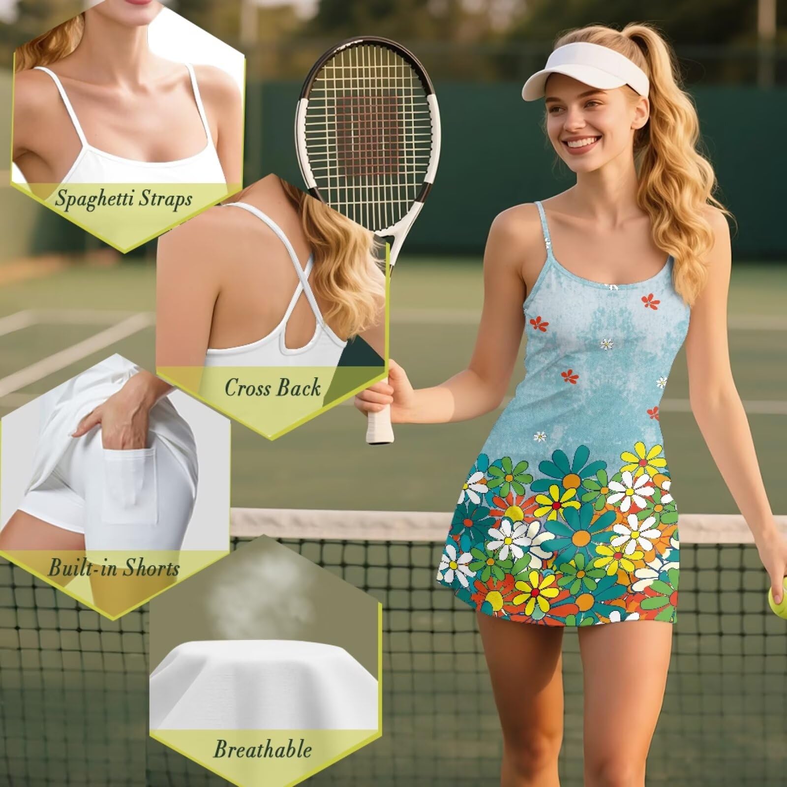 Biyejit Abito da tennis da donna con tasche e bretelle, estivo, da golf, atletica, taglie XS-2XL