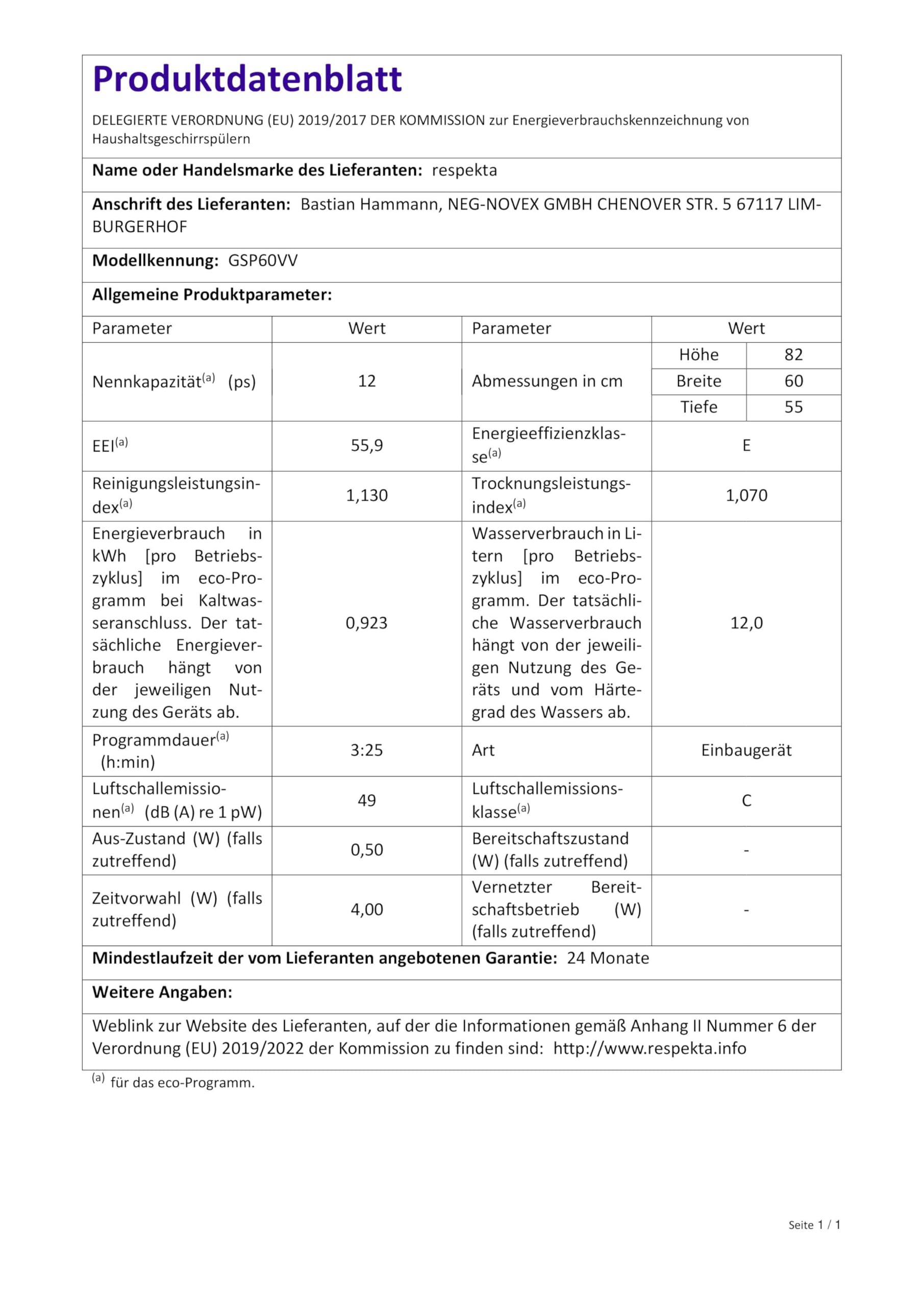 Respekta Spülmaschine vollintegriert 60 cm Einbau-Geschirrspüler 4 Programme Startzeitvorwahl 12 Maßgedecke leise 49 dB