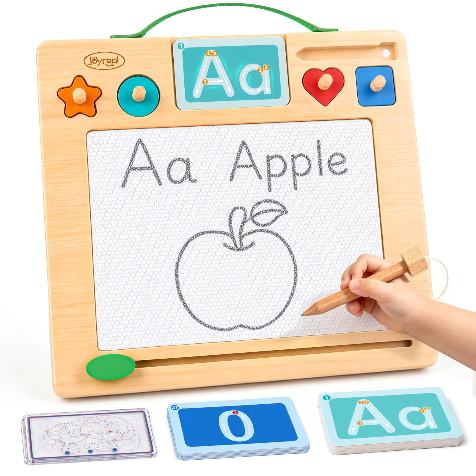 Joyreal Wooden Letter Tracing Board for Toddlers, Magnetic Alphabet &amp; Number Writing Practice Board with 44 Cards, Reusable Magnetic Drawing Board, Montessori Preschool Educational Toy Ages 3-5