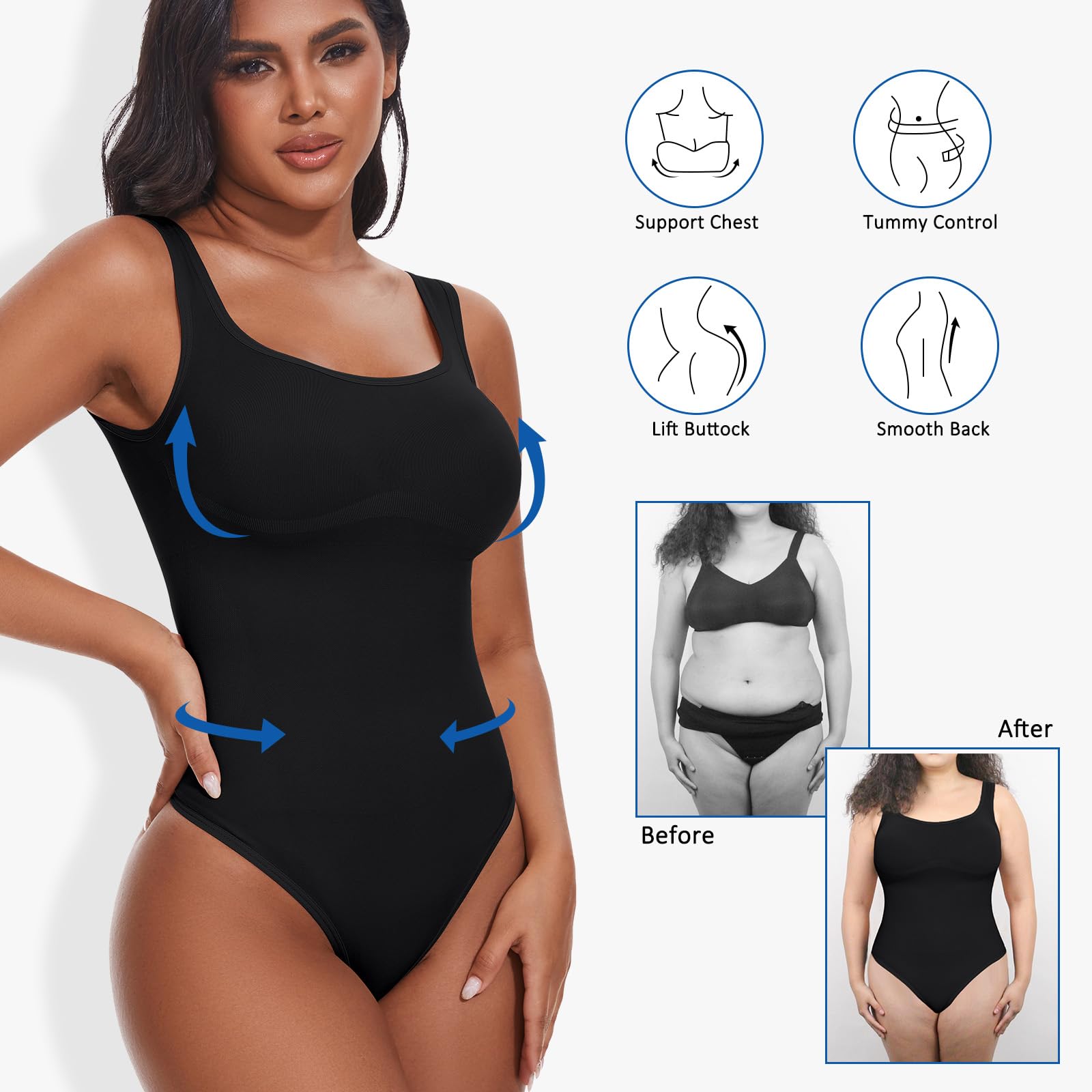 SHAPERIN Damen Formender Body Bauchweg Miederbody String Rückenfreier Shapewear Bodysuit Eckiger Ausschnitt Nahtloser Body Shaper