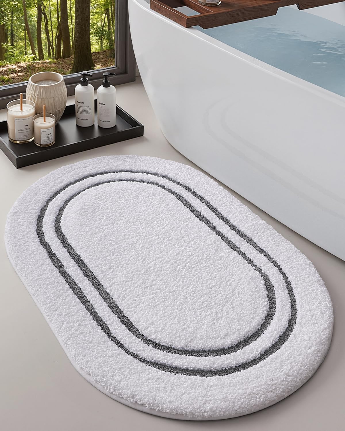 DEXI Badezimmerteppich, Badematte für Badewanne, rutschfest, waschbar, saugfähig, weiche Mikrofaser, ovale Form, Badteppiche für Badezimmerboden, Duschraum, WC, Waschbecken, 61 x 91,4 cm, Dunkelgrau