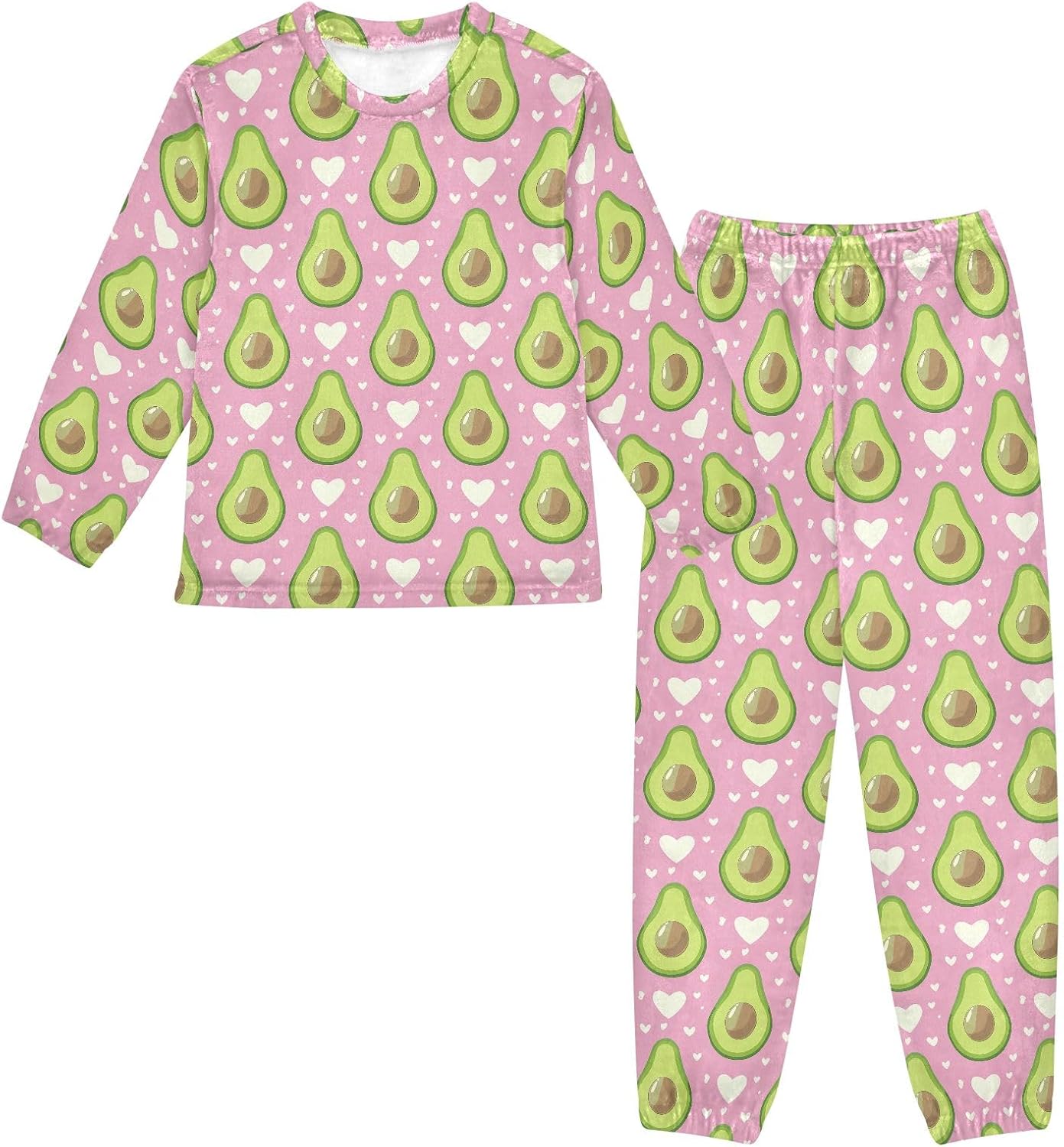 Kids Flannel Sets Pattern with Avocado and Love Heart Warm Plush Relaxed Clothing for Boys and Girls